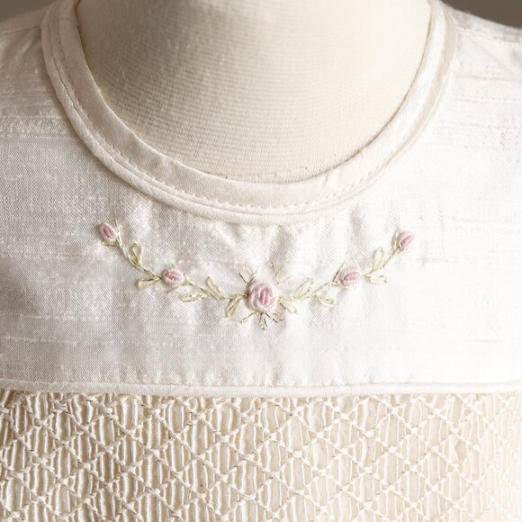 Ivory Dupioni Silk Smocked Dress Flower Girl Special Occasion Hand Embroidery - Picture 5 of 7